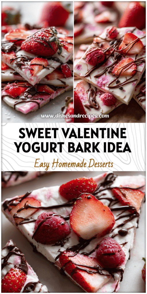 Pink Valentine’s Strawberry Greek Yogurt Bark topped with berries and chocolate for Yogurt Bite Snacks.